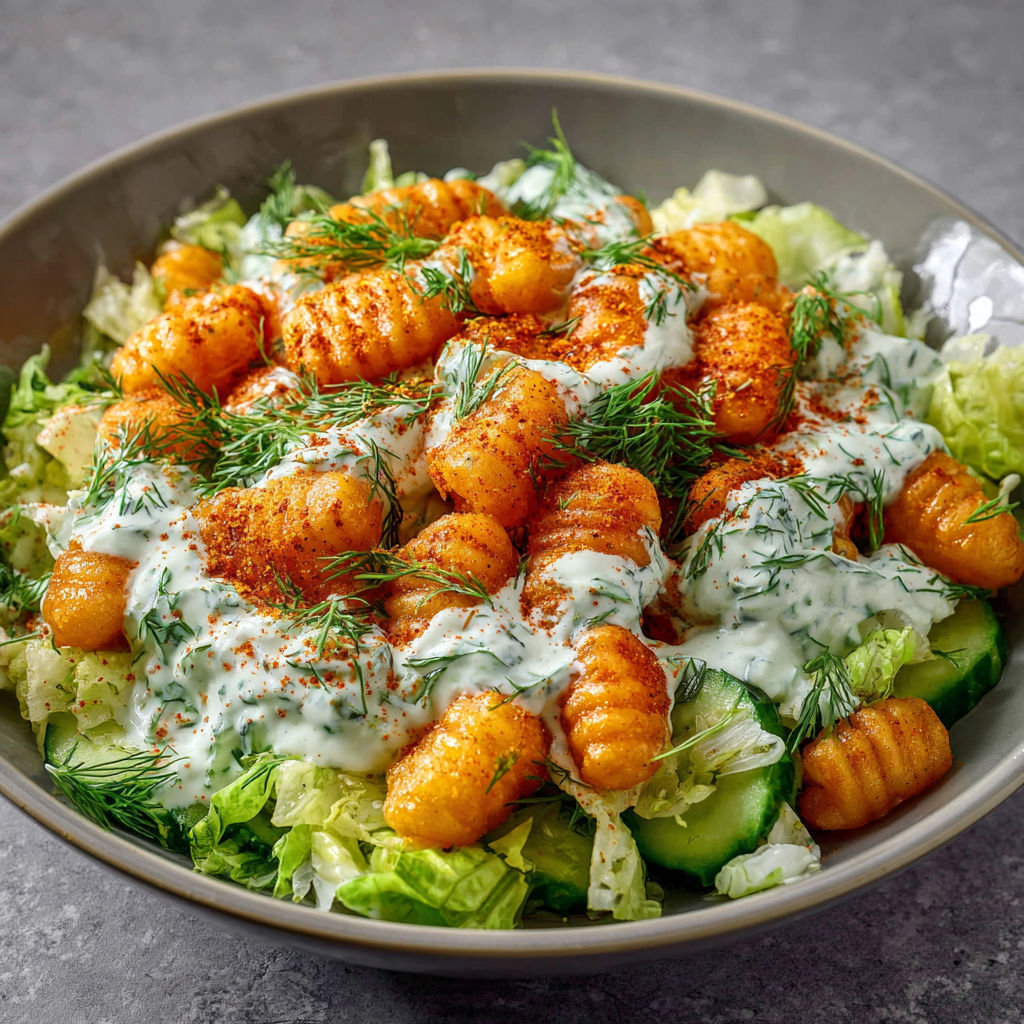 A bowl of food with a white sauce.