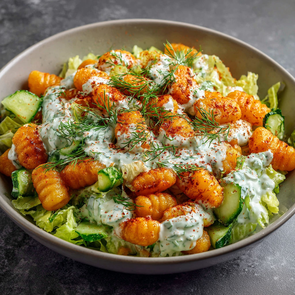 A bowl of food with a salad and some sauce.