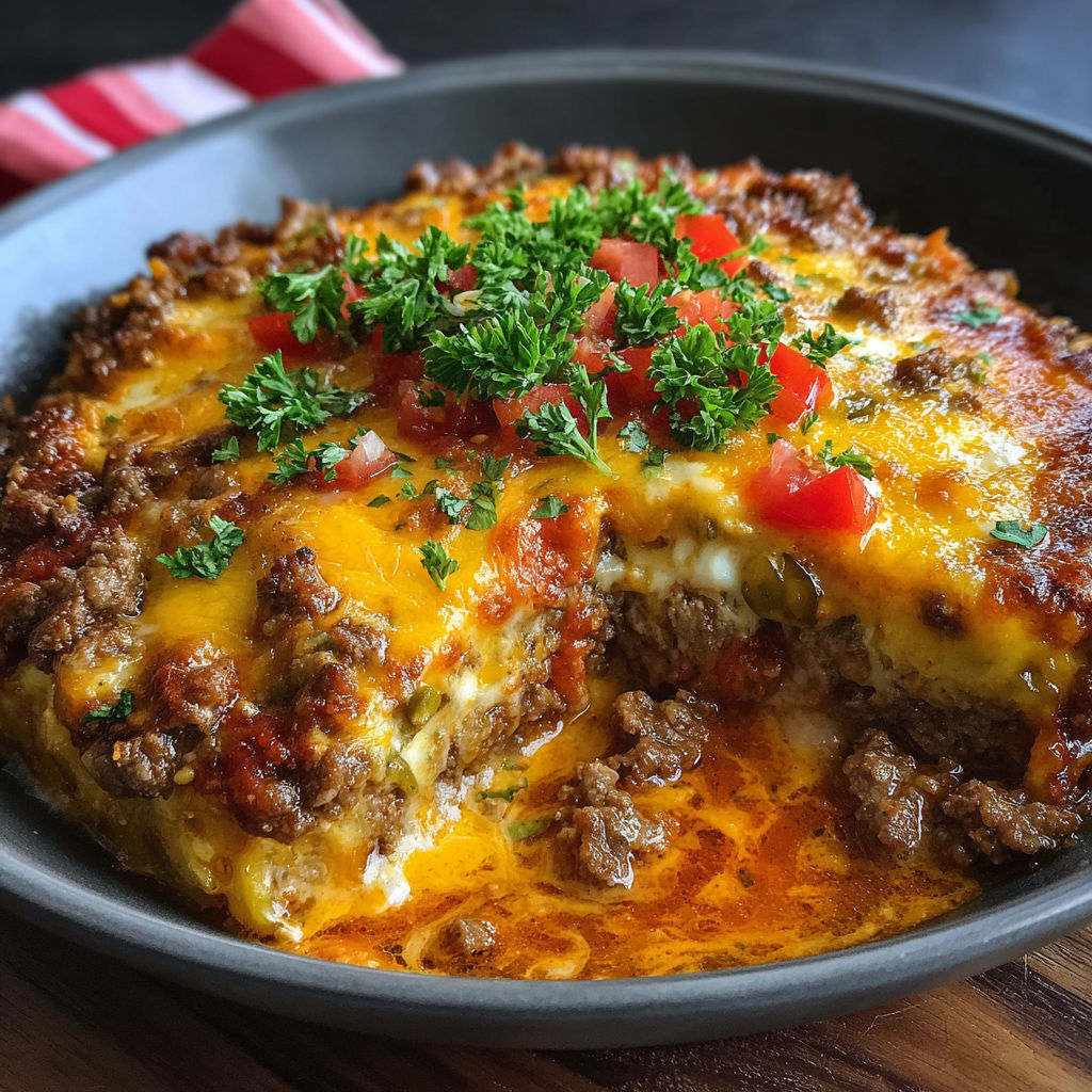 A close up of a delicious low carb cheeseburger auflauf.