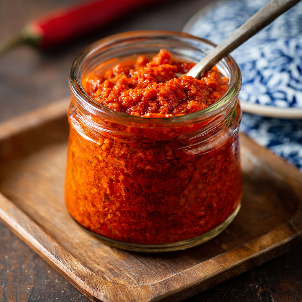 A jar of red sauce on a wooden table.