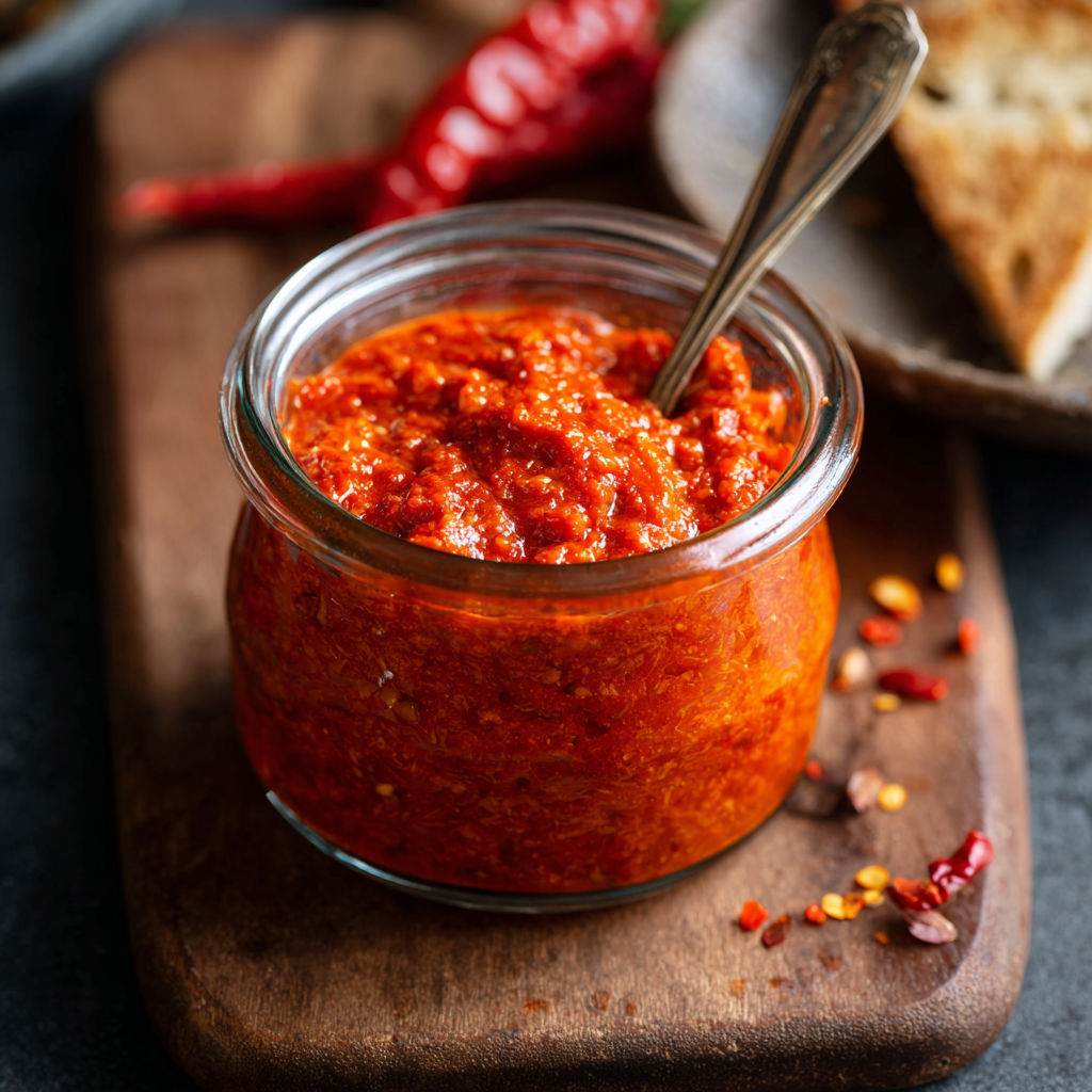 A glass of red pepper sauce on a wooden cutting board.