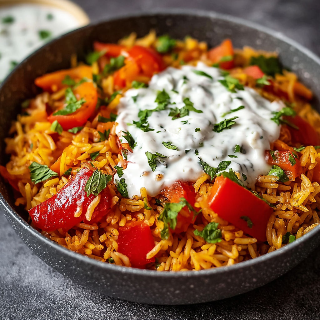 A bowl of rice with tomatoes and white sauce.