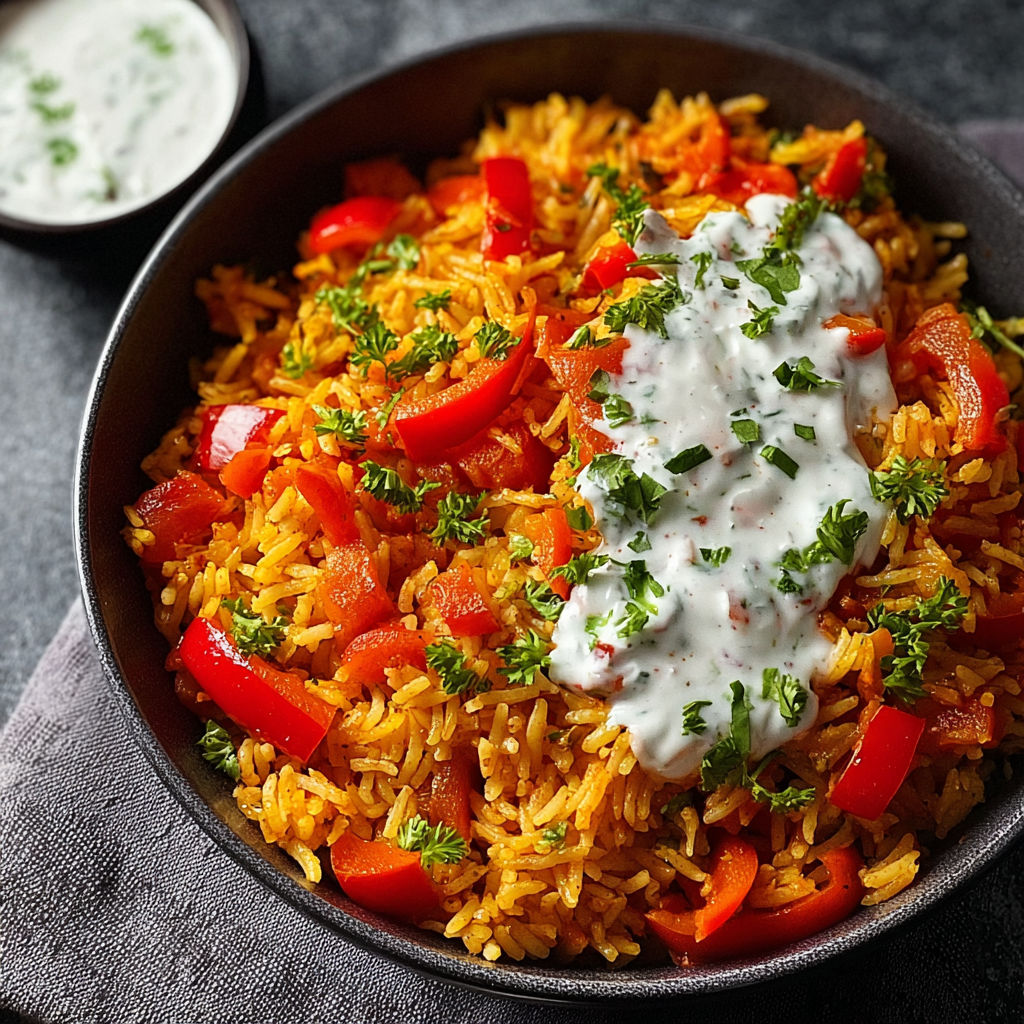 A bowl of rice with tomatoes and white sauce.