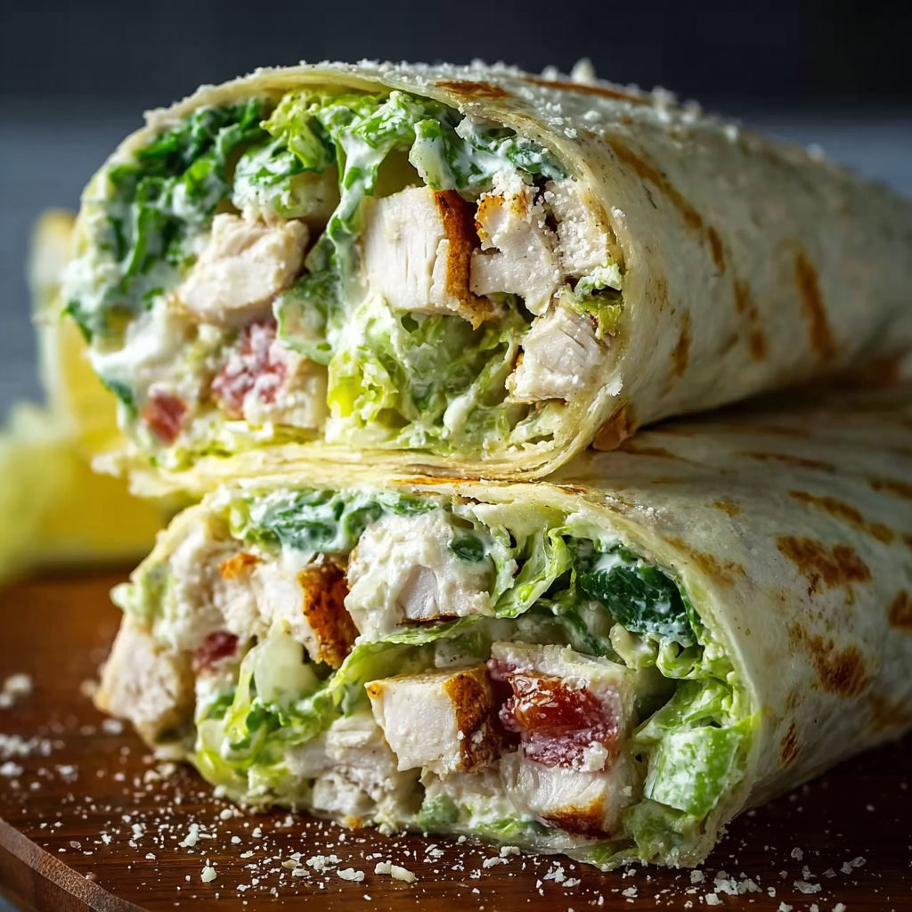 A wrap filled with chicken and lettuce.