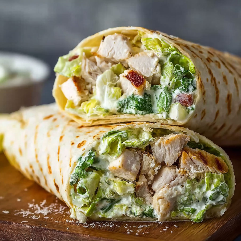 A chicken wrap with lettuce and cheese.