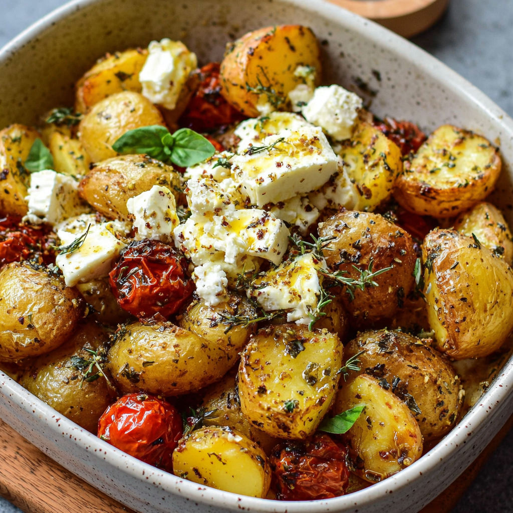 A bowl of potatoes with feta cheese.