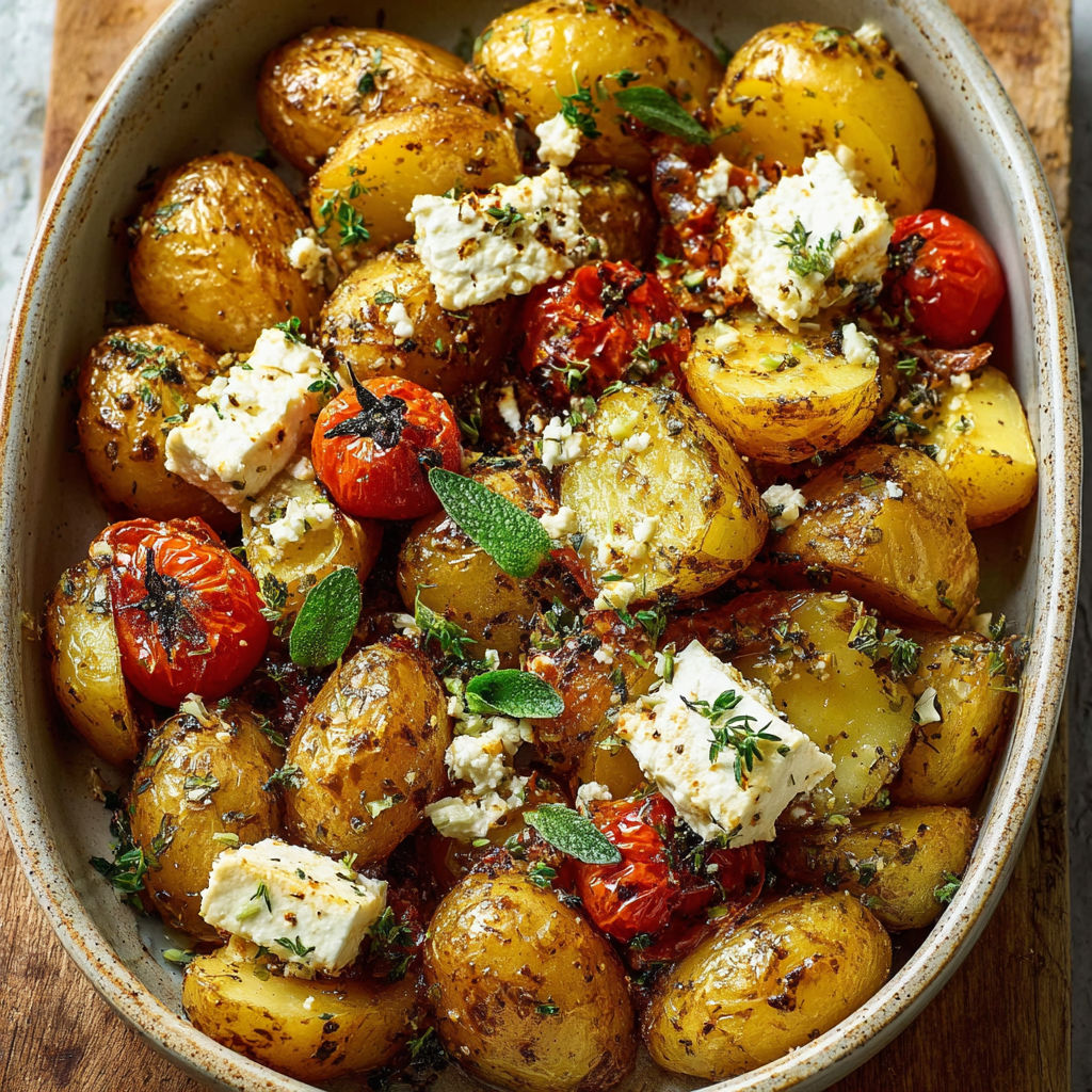 A bowl of potatoes with feta cheese.