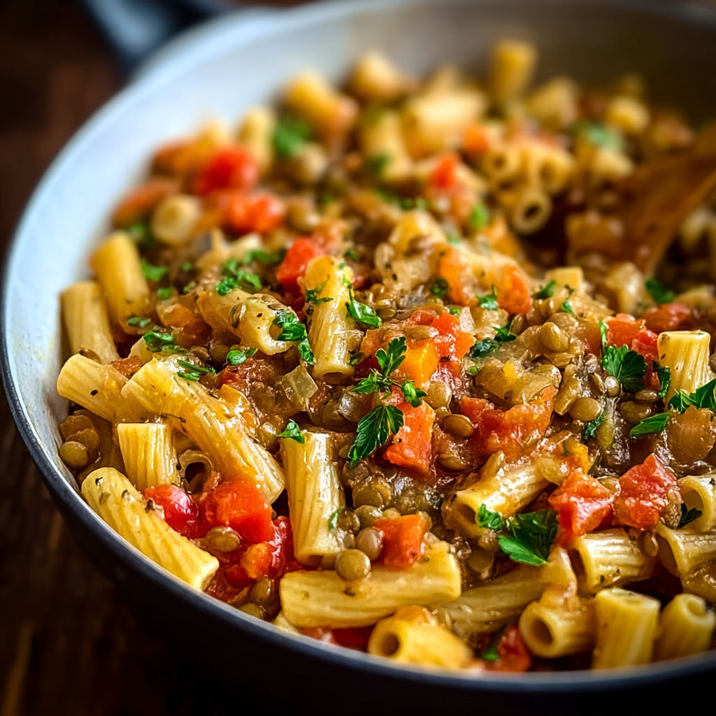 A bowl of pasta with tomatoes and herbs.