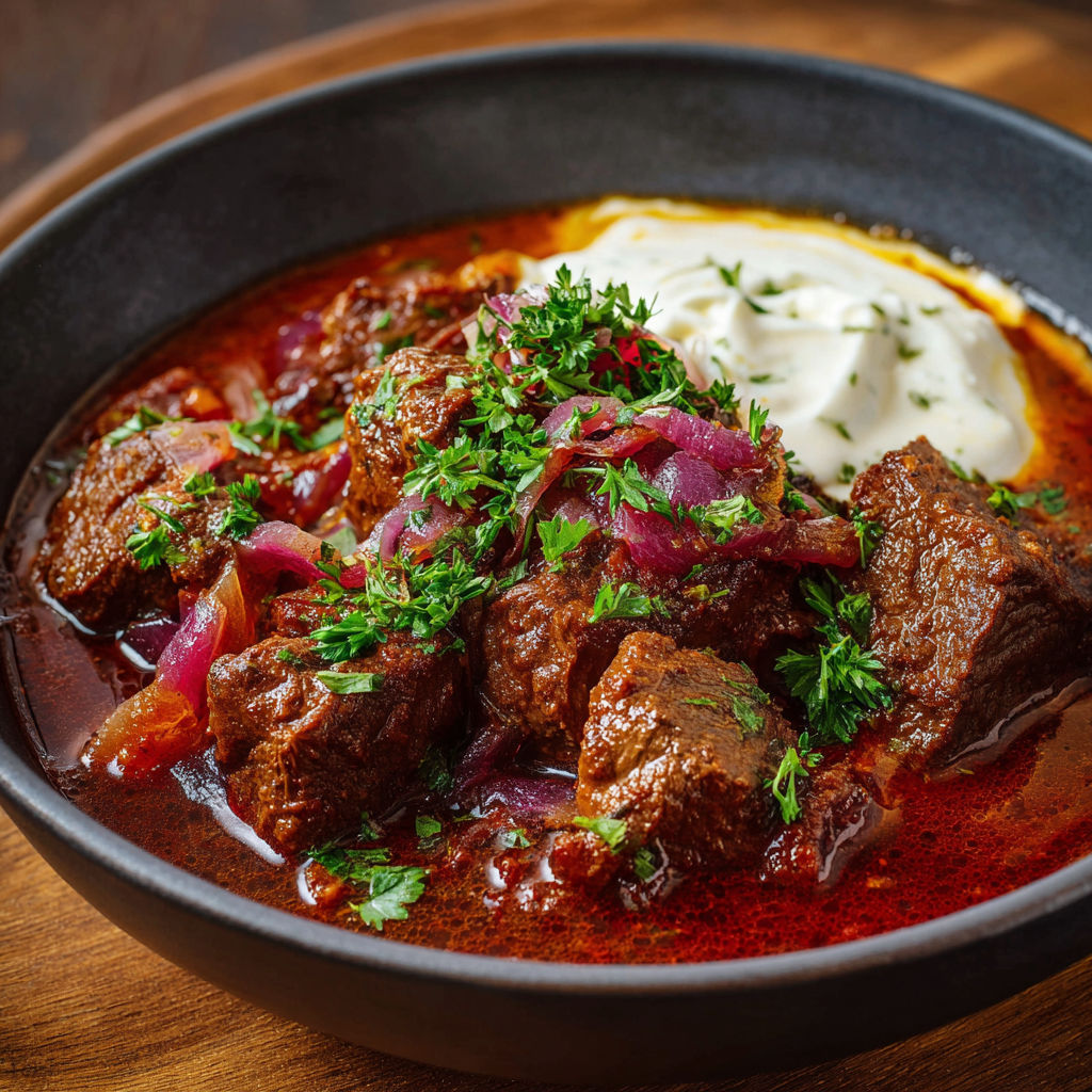A bowl of meat with onions and sauce.