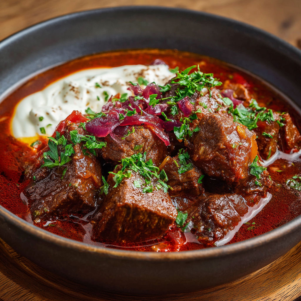 A bowl of food with meat and vegetables.
