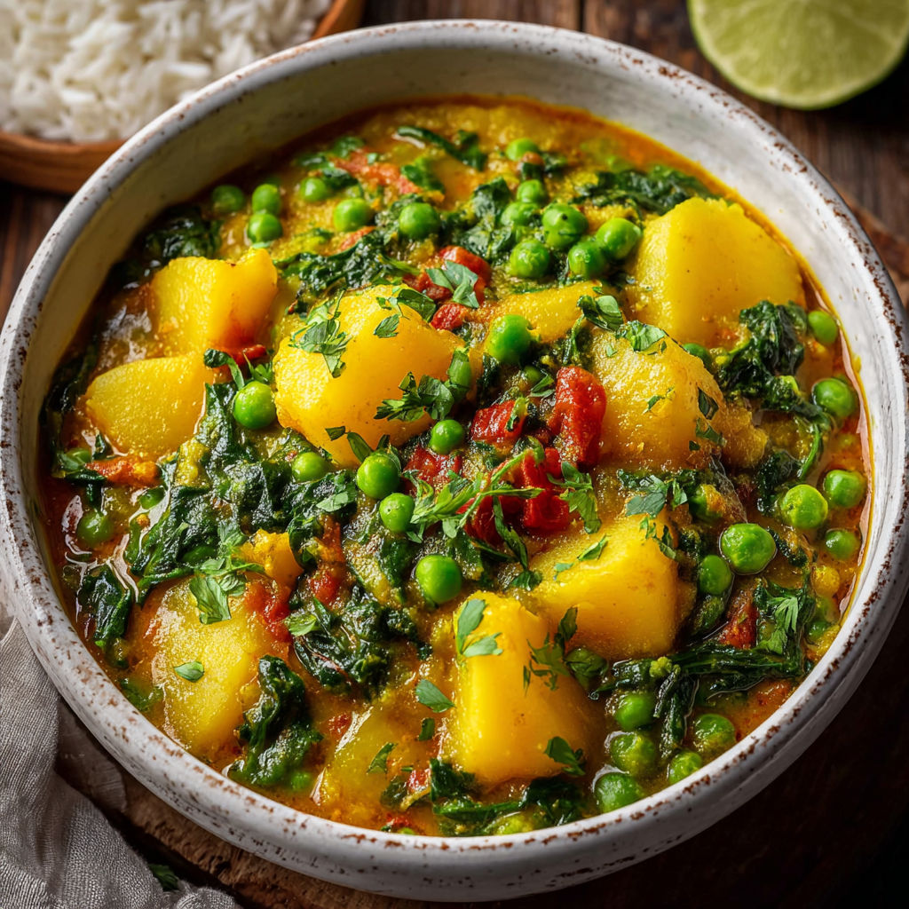 A bowl of soup with peas and potatoes.