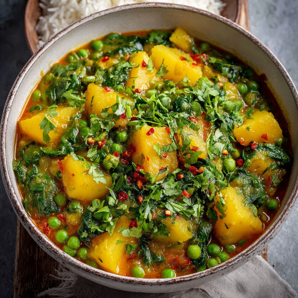A bowl of vegetable soup with peas, spinach, and potatoes.