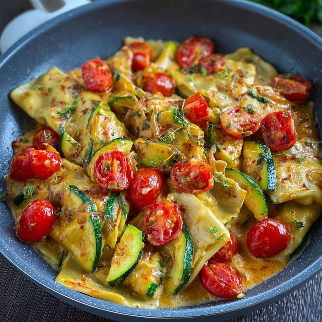 A bowl of food with tomatoes and zucchini.