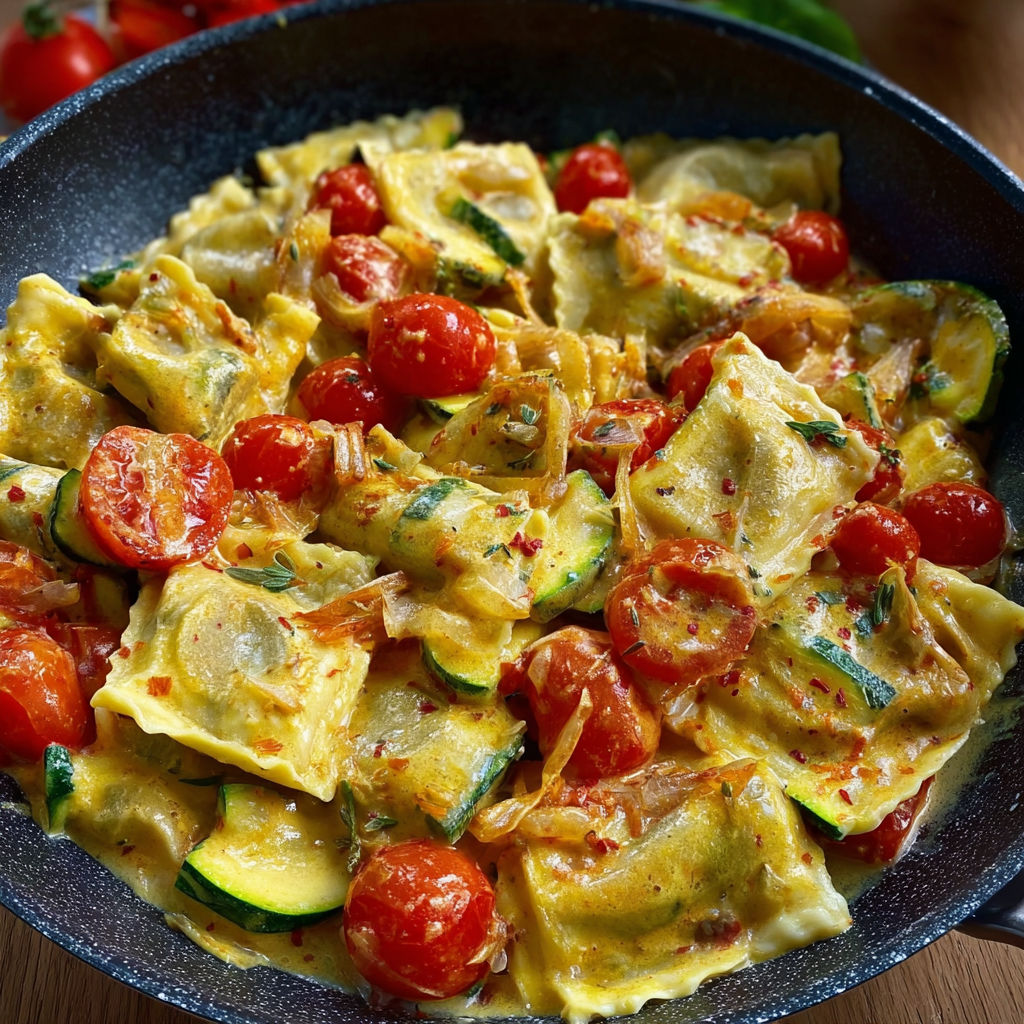 A bowl of pasta with tomatoes and zucchini.