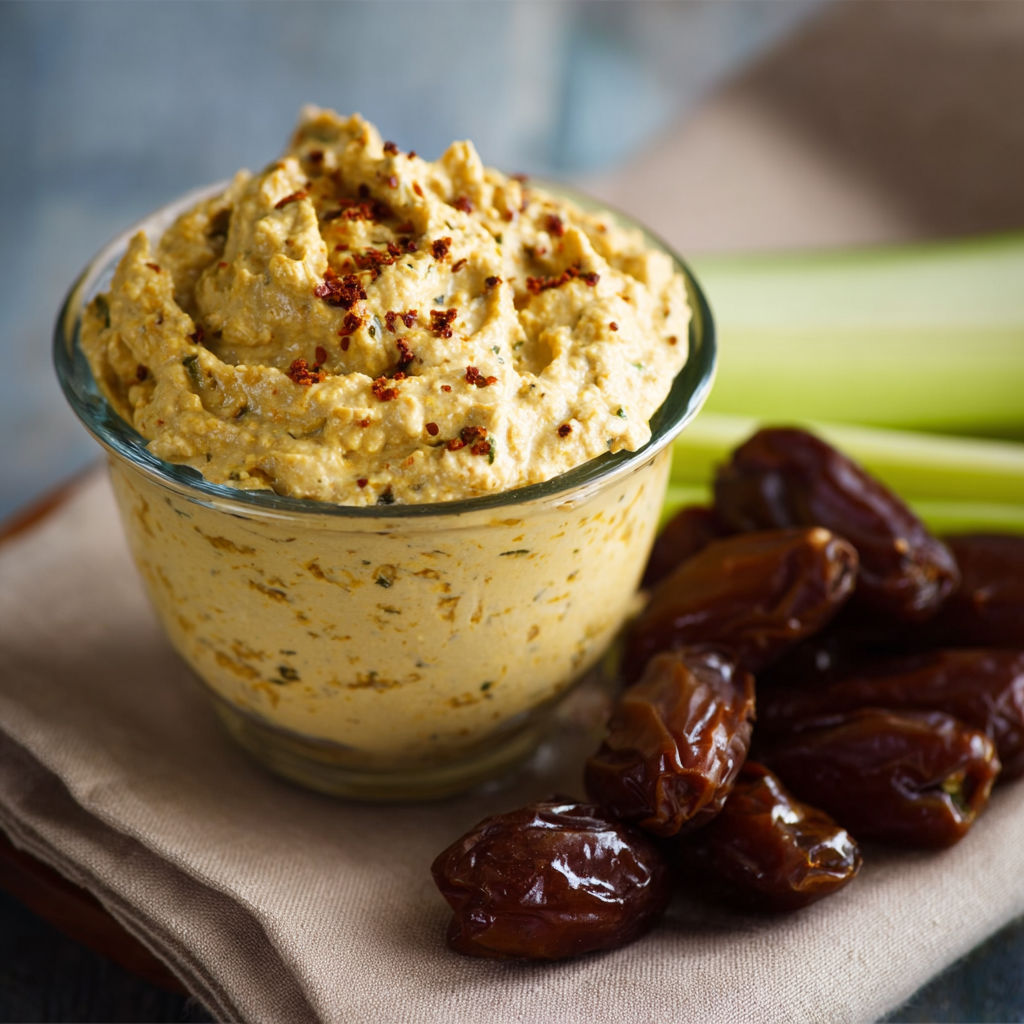 A bowl of curry dip with raisins and a green vegetable.