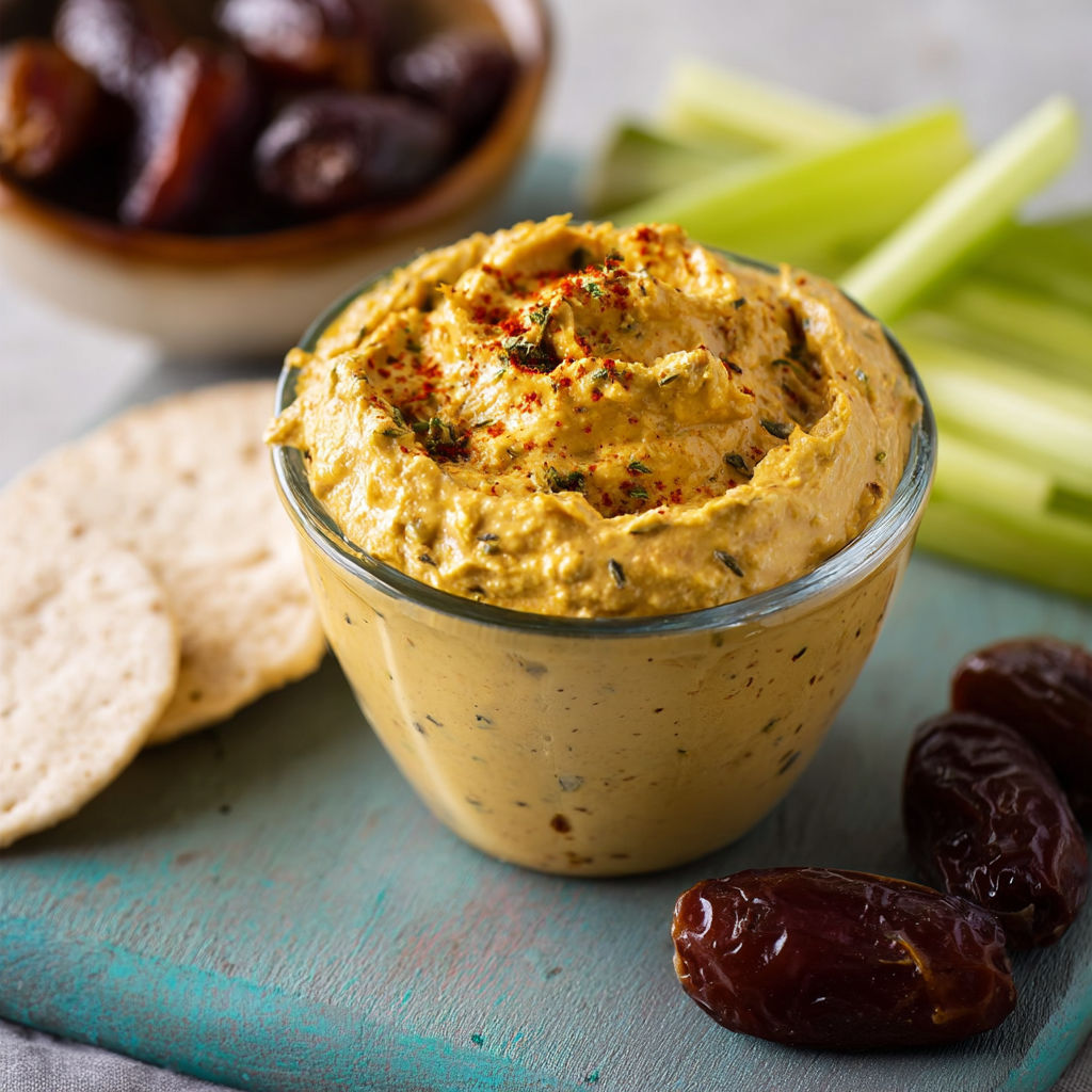 A bowl of curry dip with crackers and raisins.