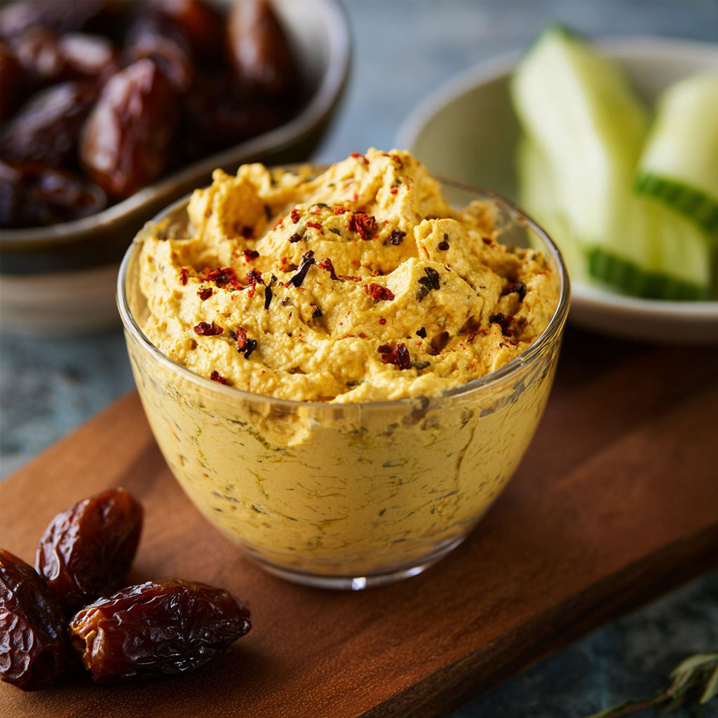 A bowl of curry dip with a spoon and a plate of raisins.