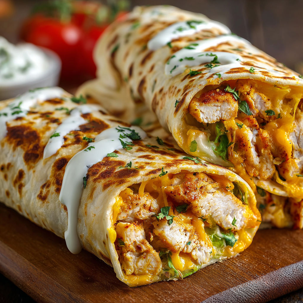 A wrap with chicken and cheese on a wooden table.