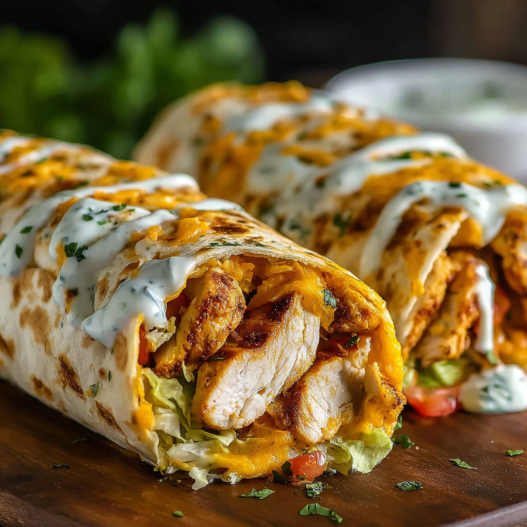 A wrap with chicken and sauce on a wooden table.