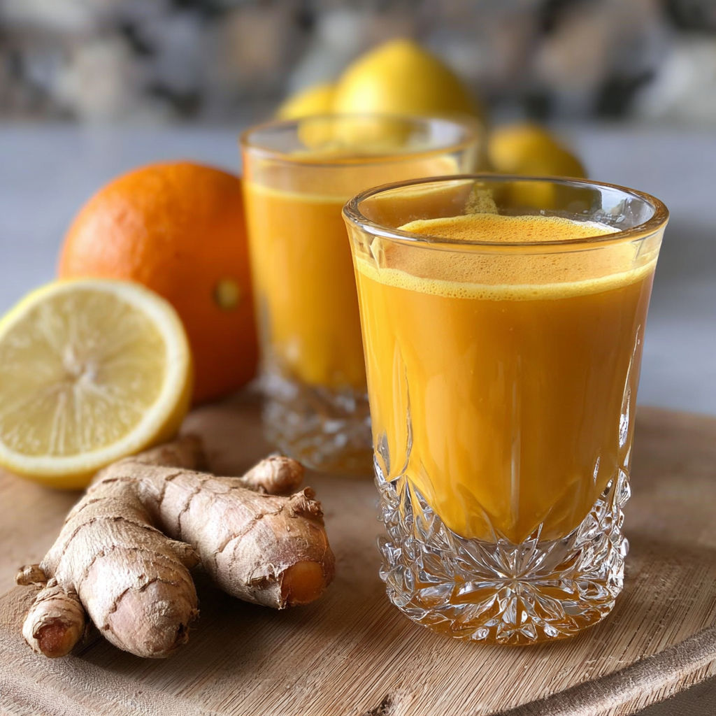 A glass of orange juice and a glass of ginger juice.