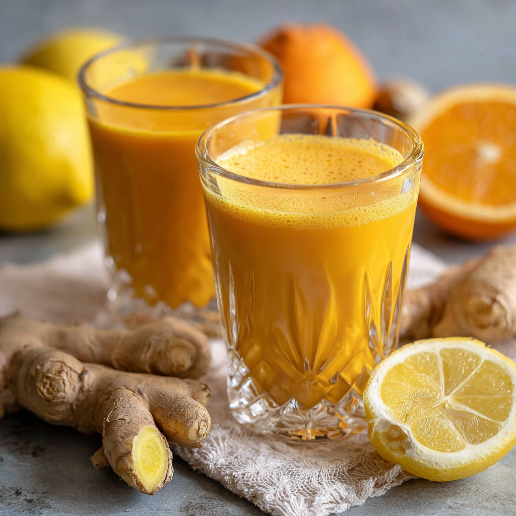 Two glasses of orange juice with slices of lemon and orange.