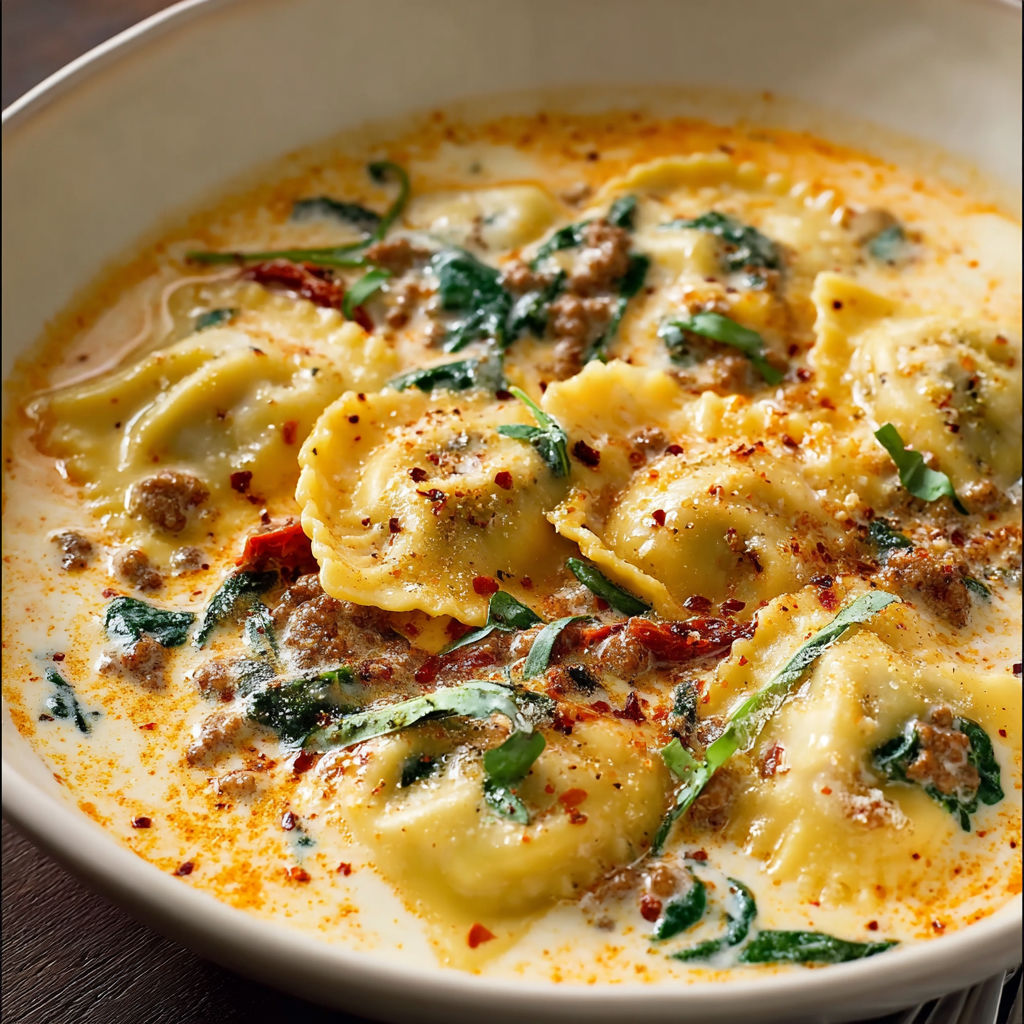 A bowl of creamy toskanische ravioli soup.