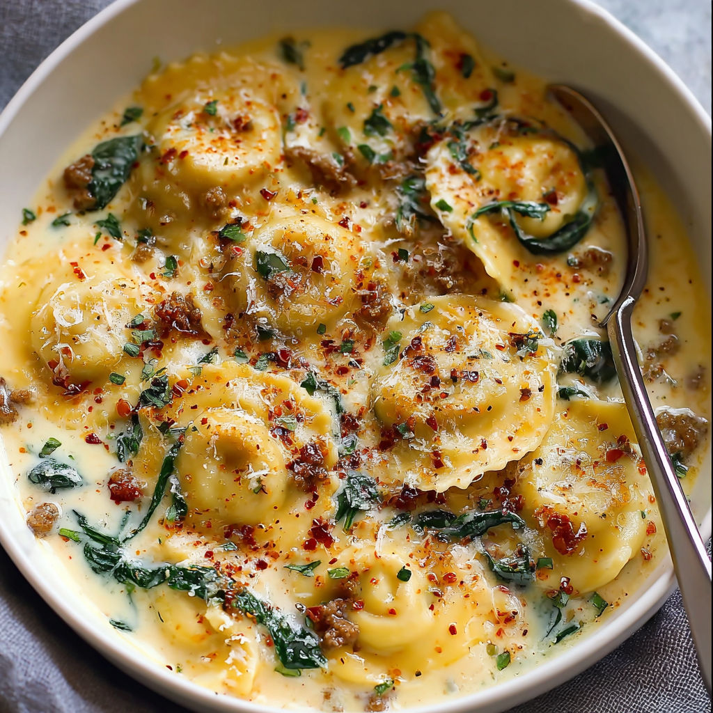 A bowl of pasta with cheese and spinach.