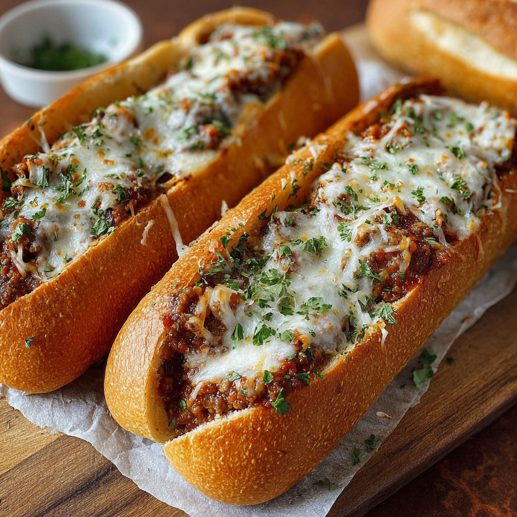 Two sandwiches with meat and cheese on a wooden table.