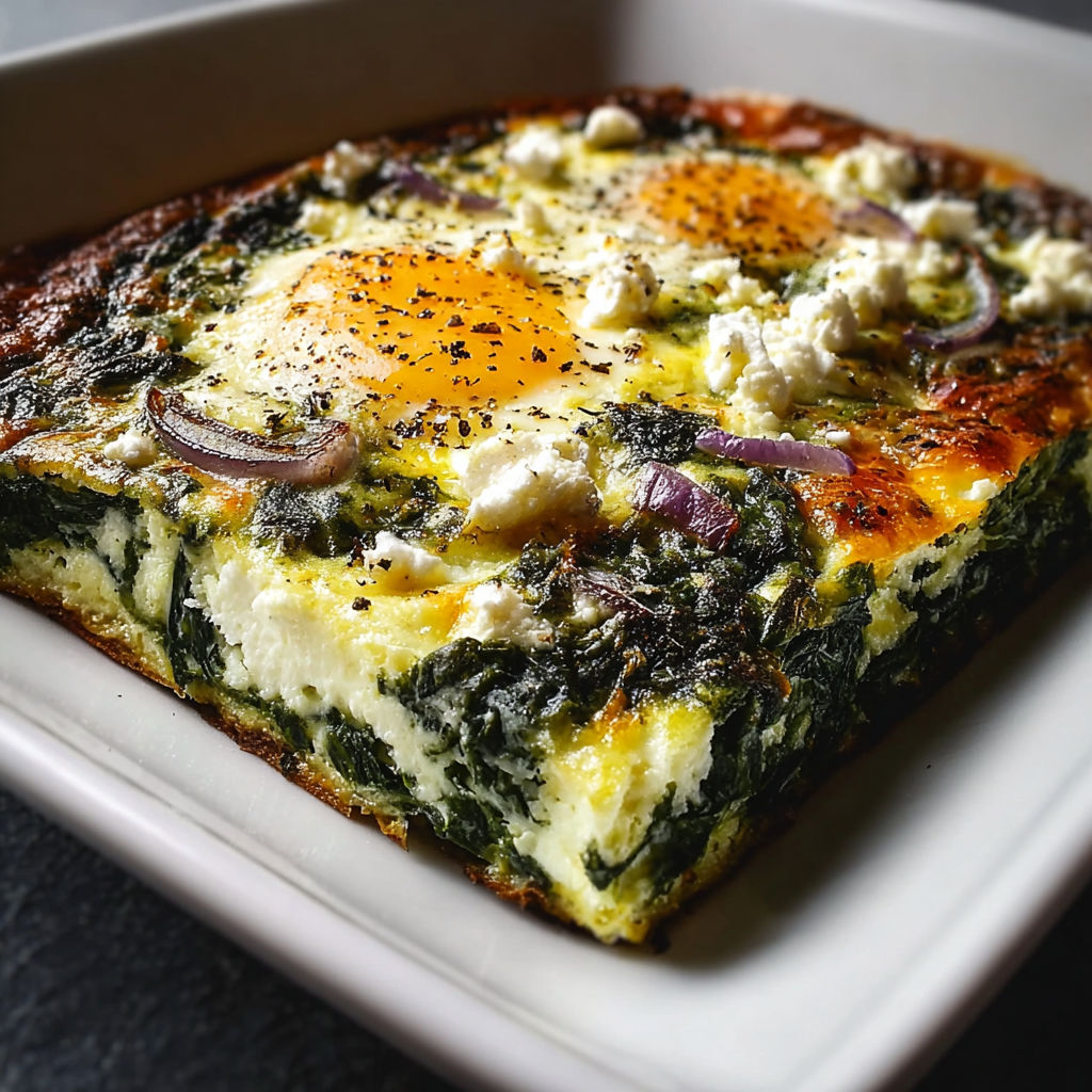 A low carb spinach casserole with feta cheese and eggs.