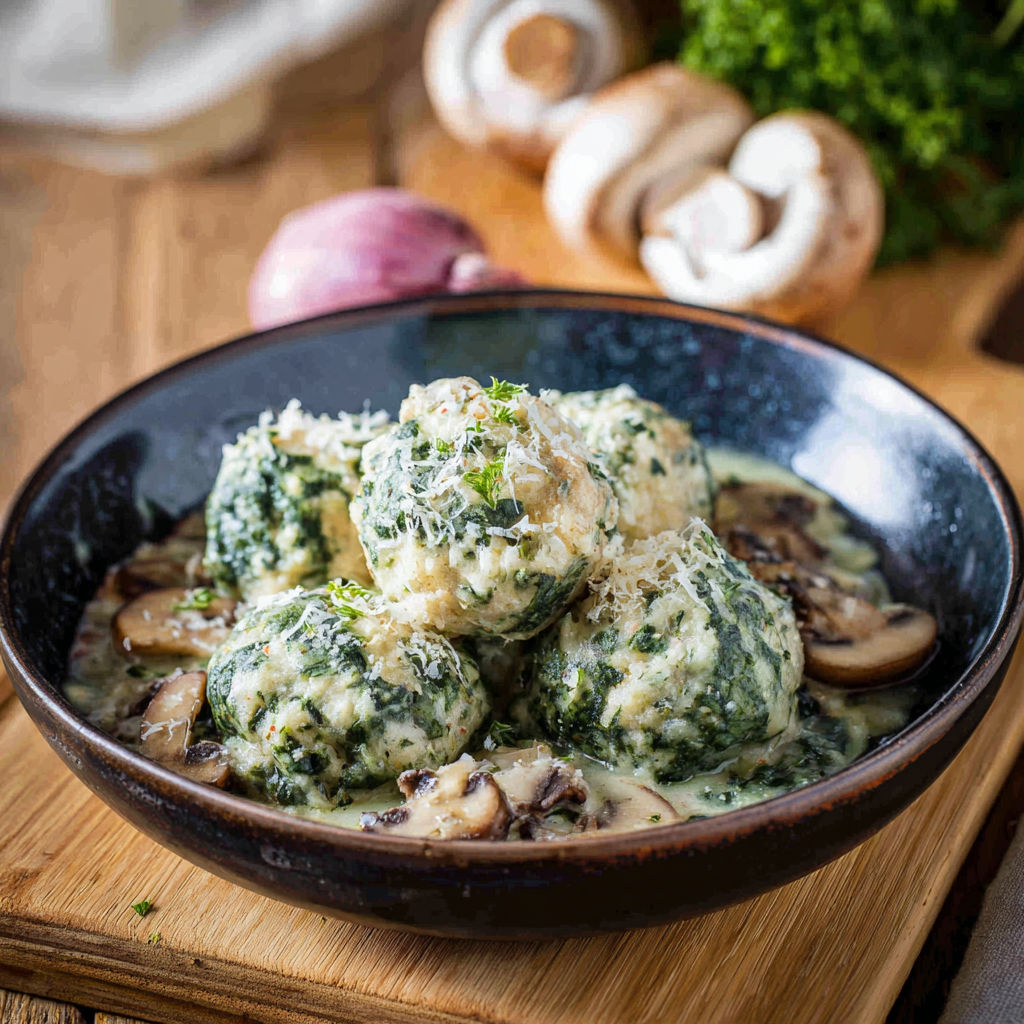 A bowl of food with mushrooms and broccoli.