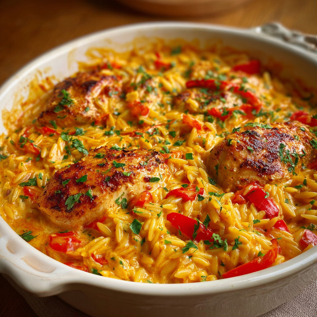 A dish of chicken with rice and peppers.