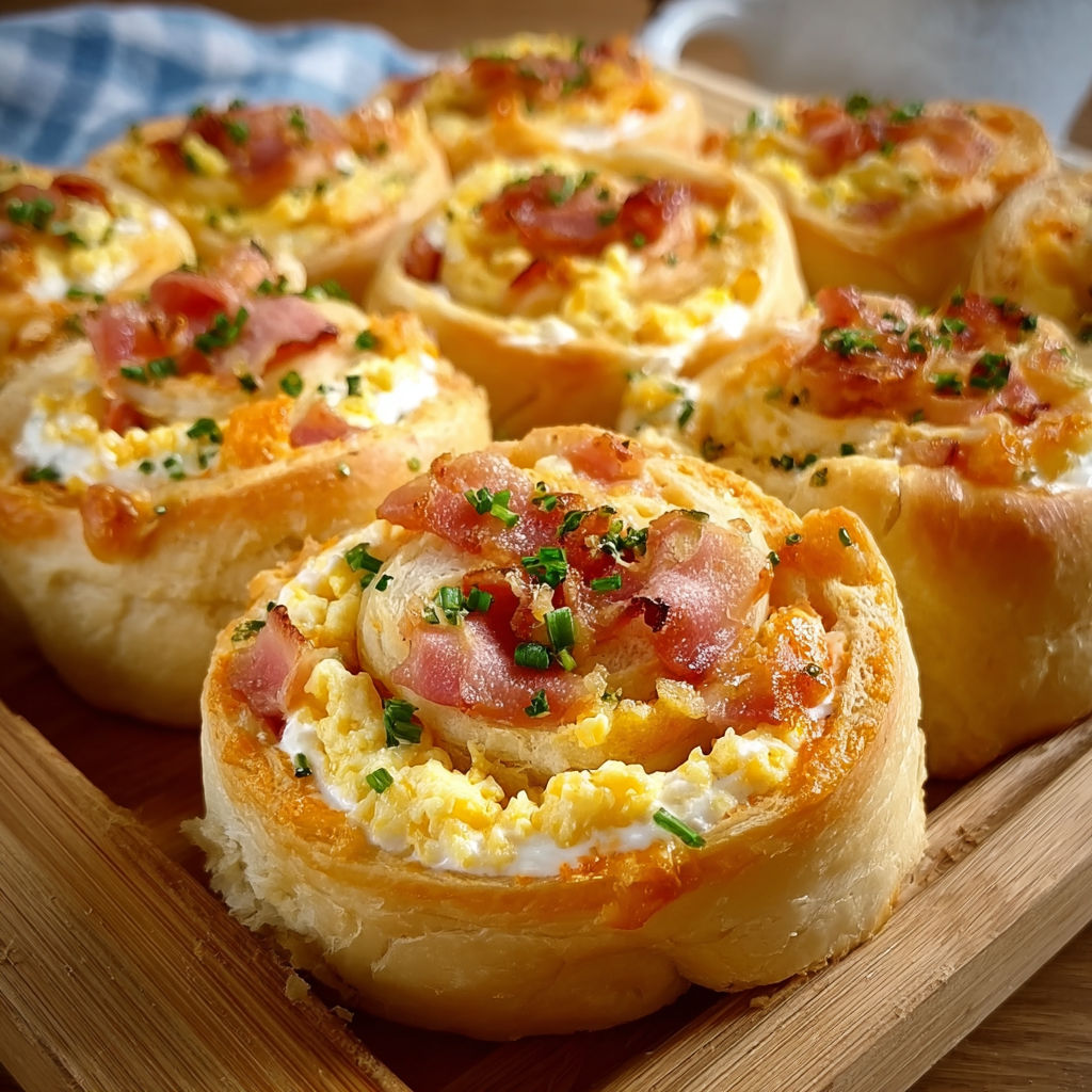 A plate of breakfast rolls with eggs, cheese, and bacon.
