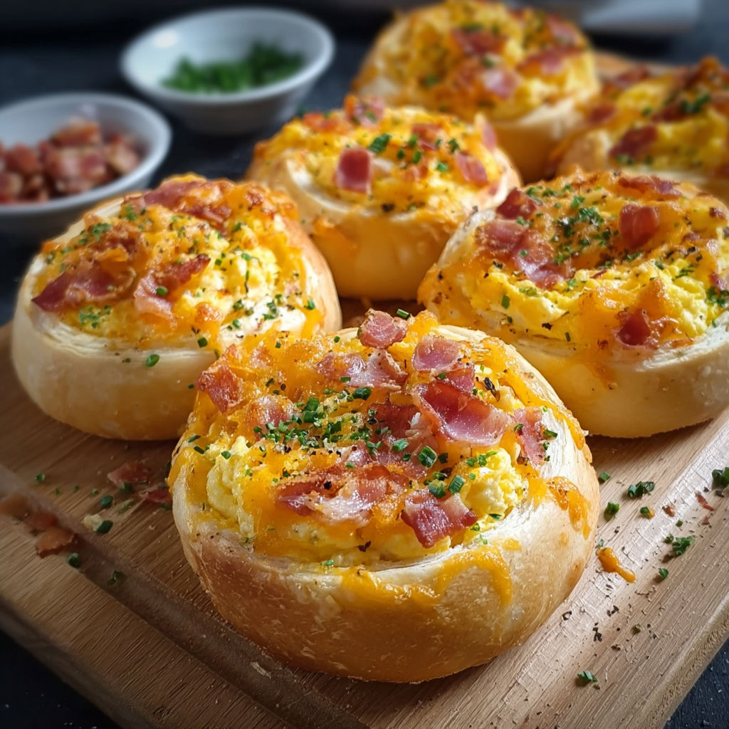 A plate of breakfast rolls with eggs, cheese, and bacon.