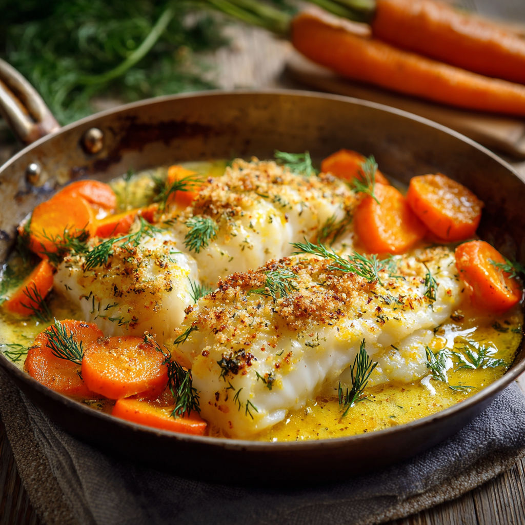 A pan of fish with herbs and carrots.