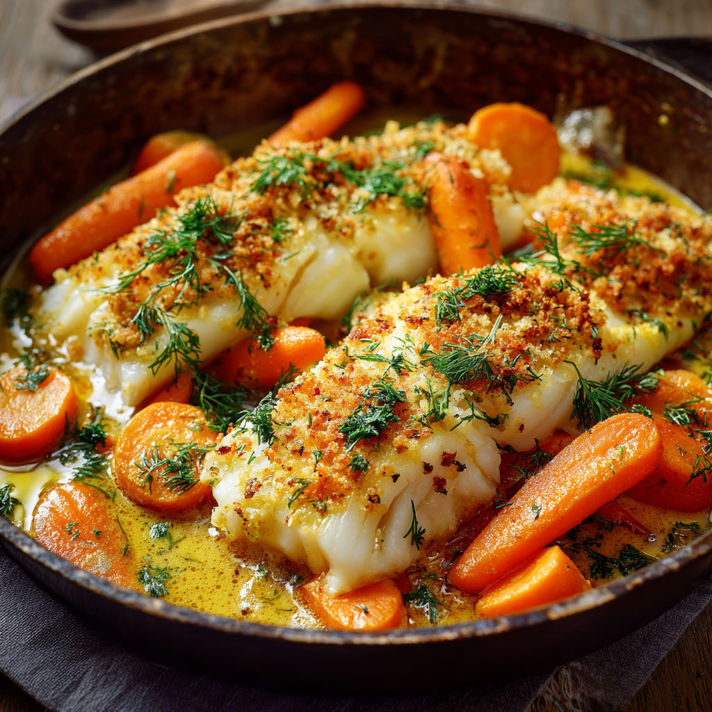 A pan of fish with carrots and herbs.