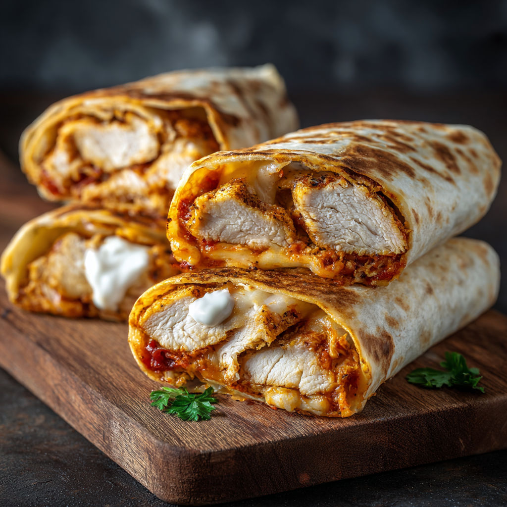 A chicken burrito on a wooden cutting board.