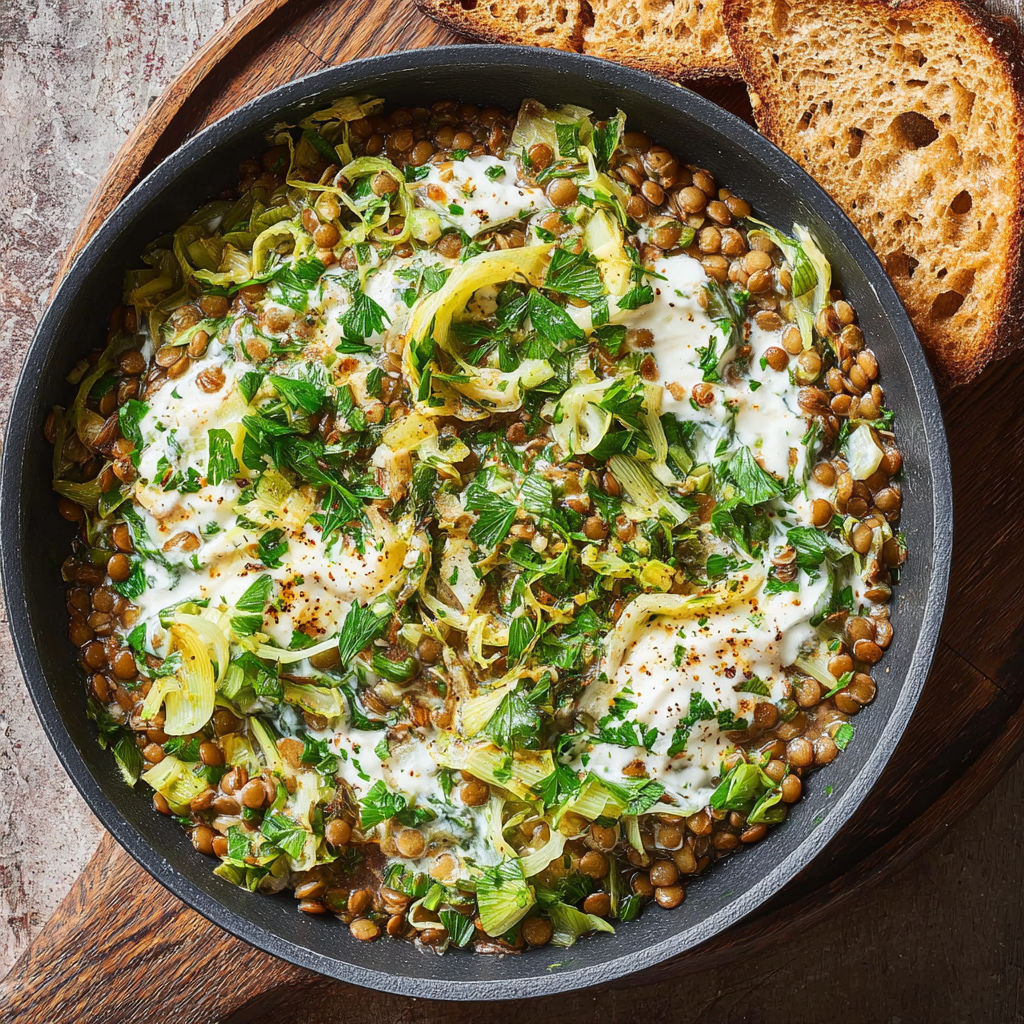 A bowl of food with a piece of bread on the side.