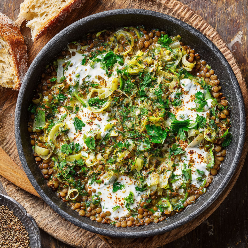 A bowl of food with a loaf of bread on the side.