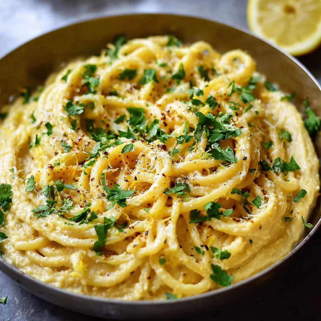 A bowl of pasta with a lemon wedge on top.
