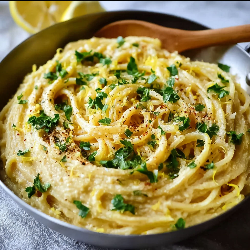 A bowl of pasta with lemon and herbs.