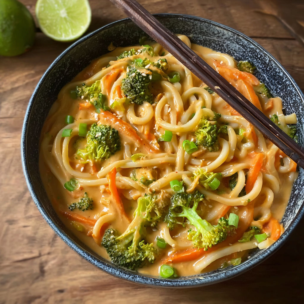 A bowl of noodles with broccoli and carrots.