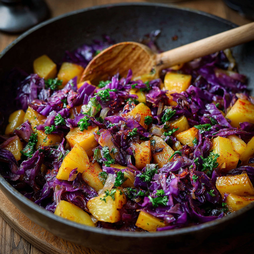 A pan of food with purple cabbage and potatoes.