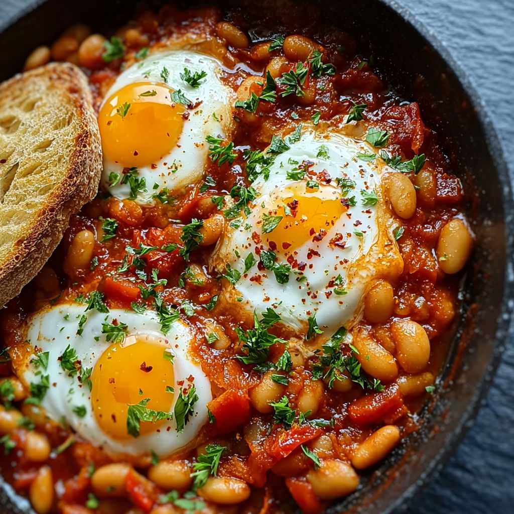 A bowl of Spanish beans and eggs.