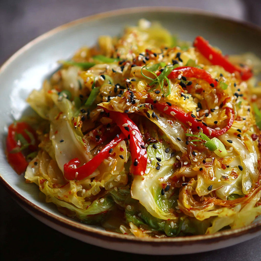 A bowl of food with red peppers and black sesame seeds.