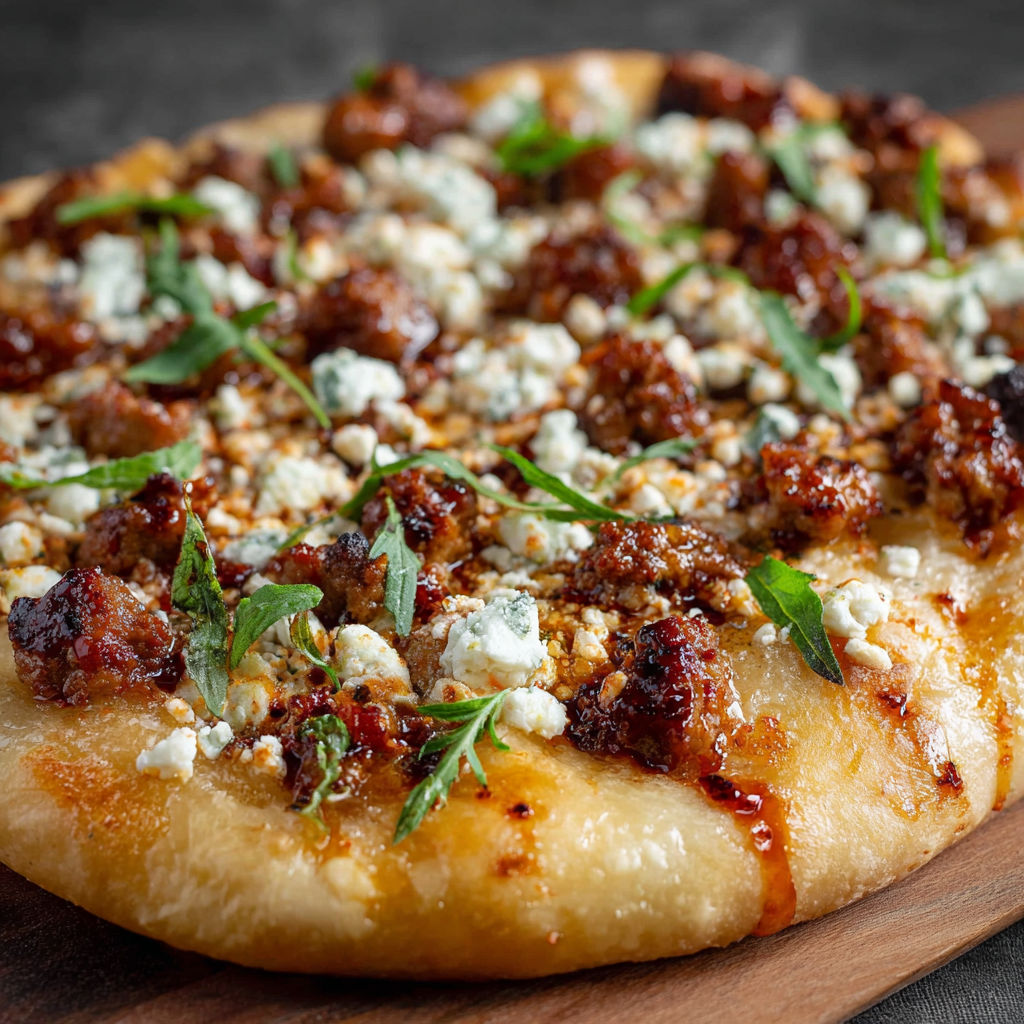 A pizza with meat and cheese on top.