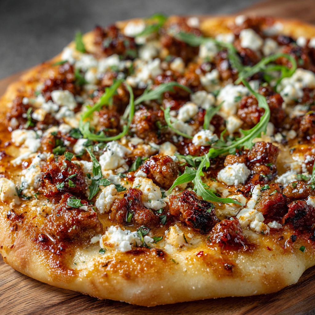 A pizza with meat and cheese on top.