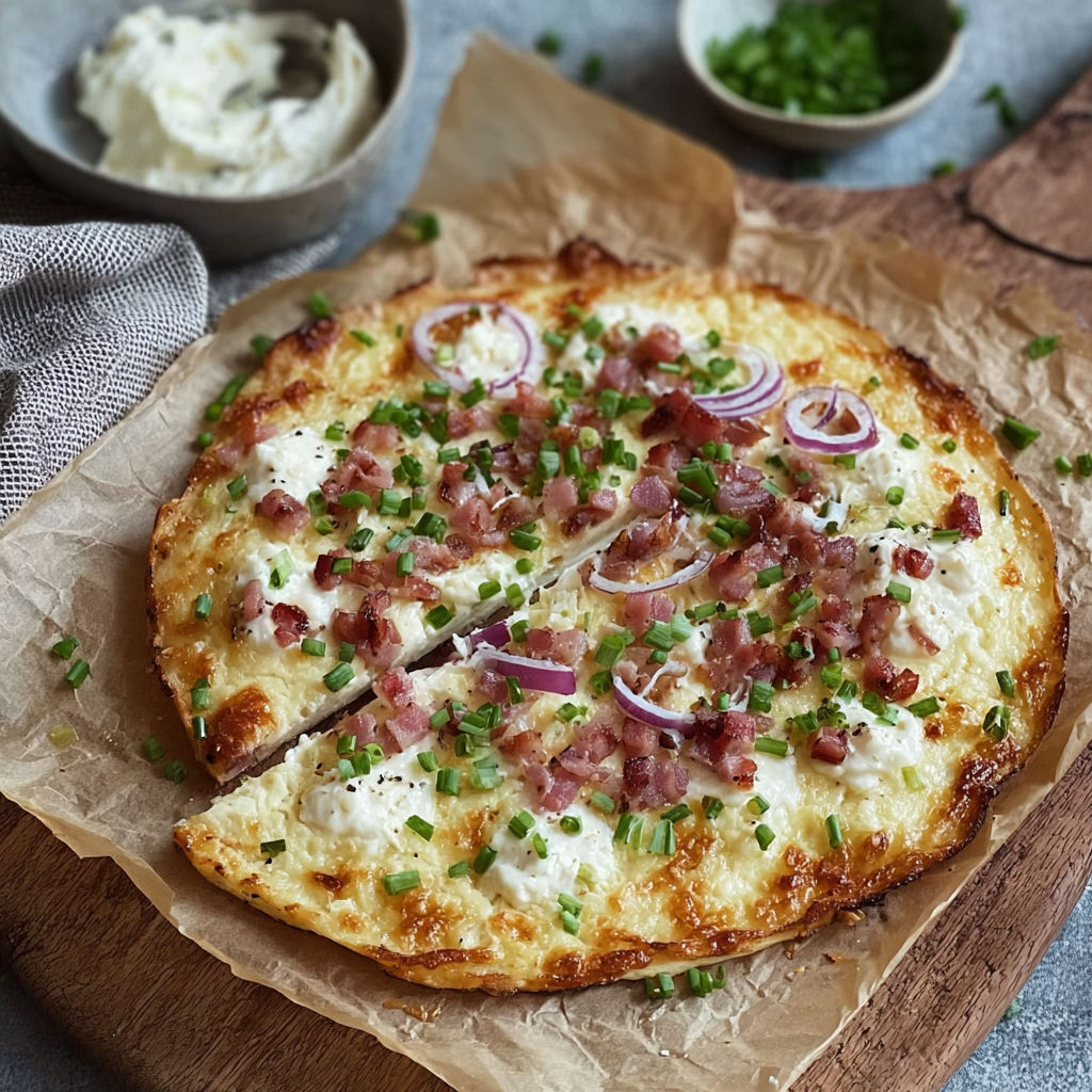 A low carb flammkuchen with cheese and onions.
