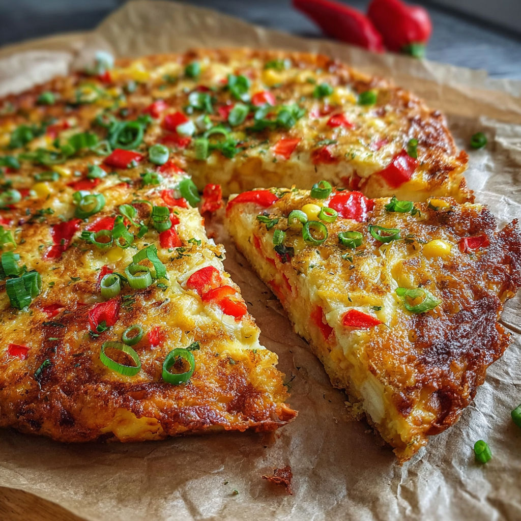 A slice of pizza with red peppers and green onions.