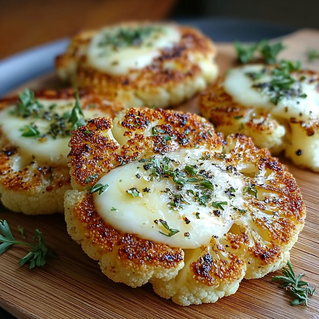 A plate of grilled cauliflower with cheese on top.