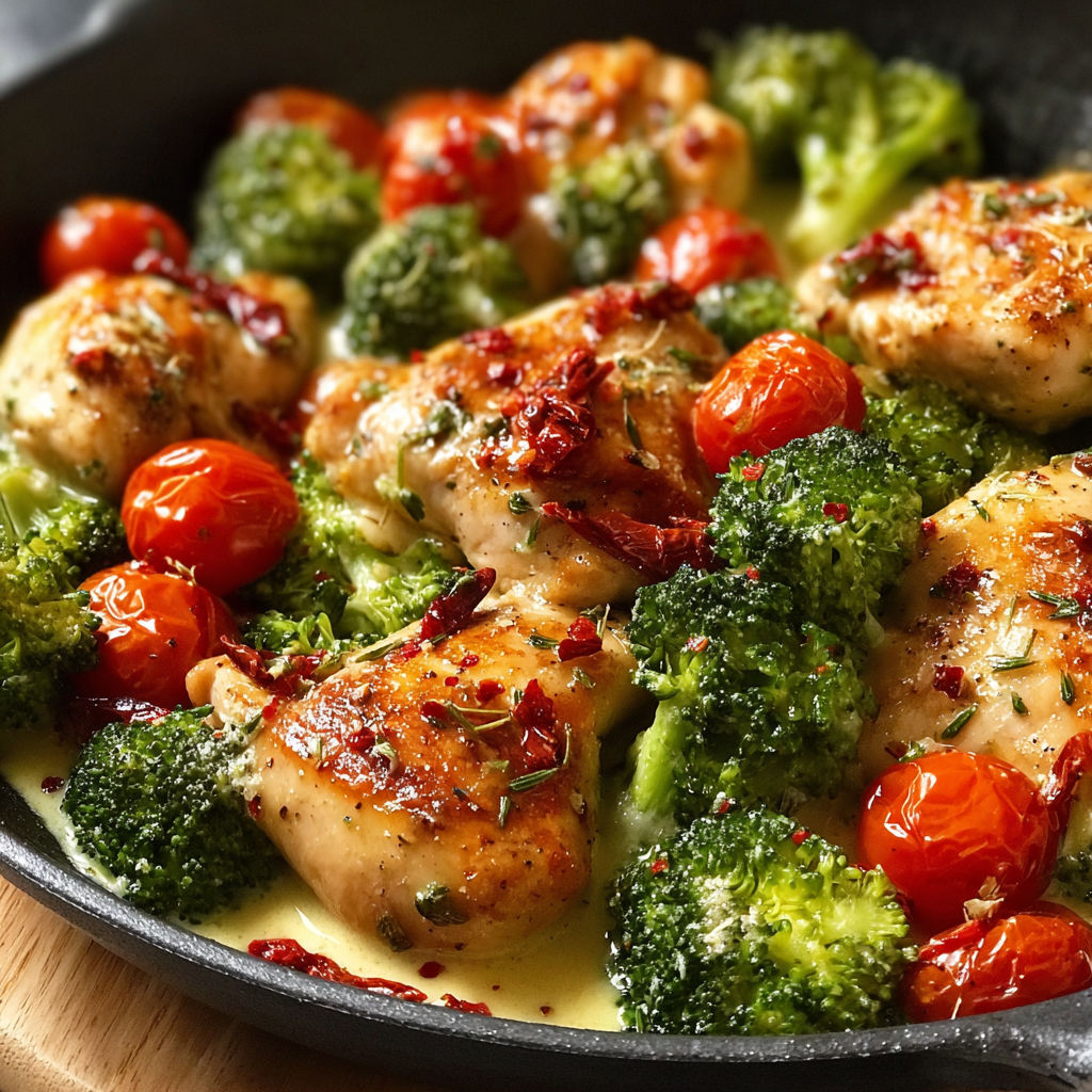 A pan of chicken and broccoli.